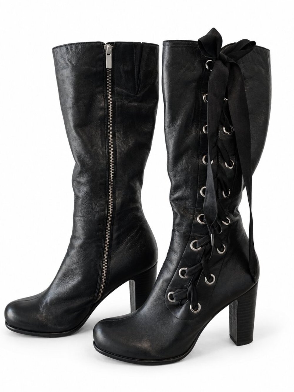 RARE Beverly Feldman Black Leather Knee High Lace Up Ribbon Heeled Boots Sz 10M